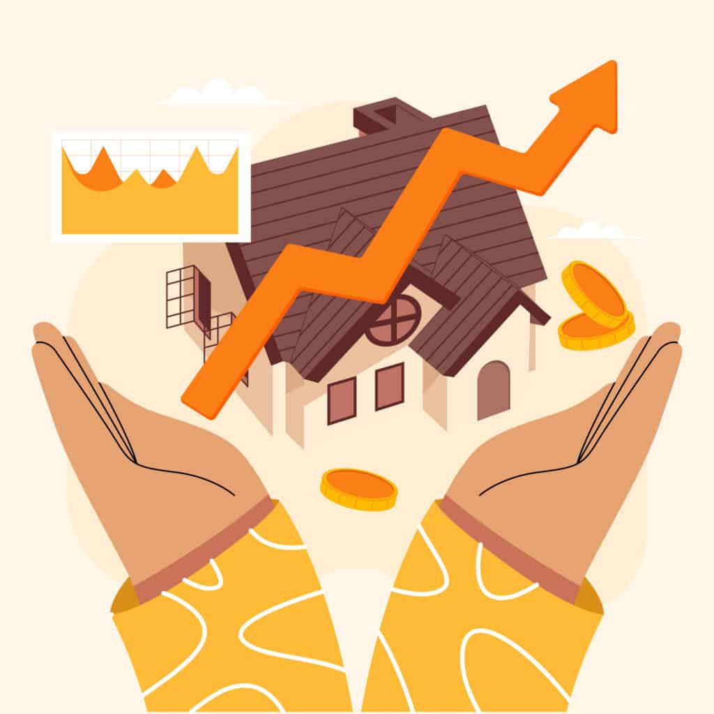 vector image with hands around a house with arrows pointing up symbolising renewed hope in the property market.