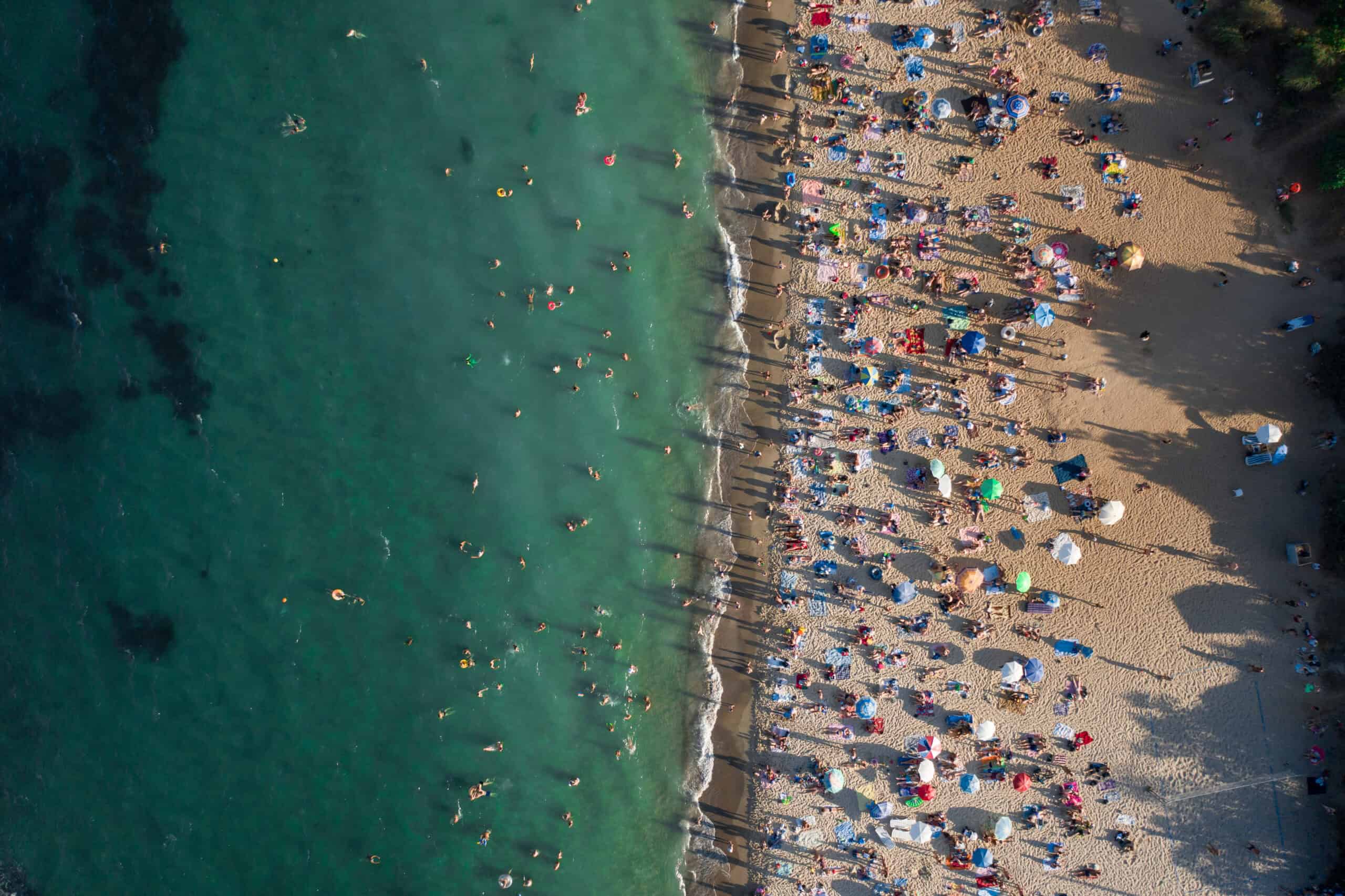 Aerial View of Crowd of People on the Beach, summer's day