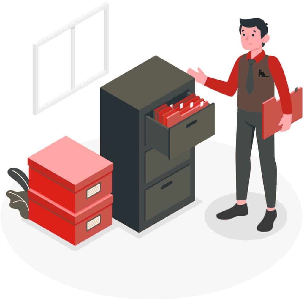 Filing cabinets open with man standing beside holding file