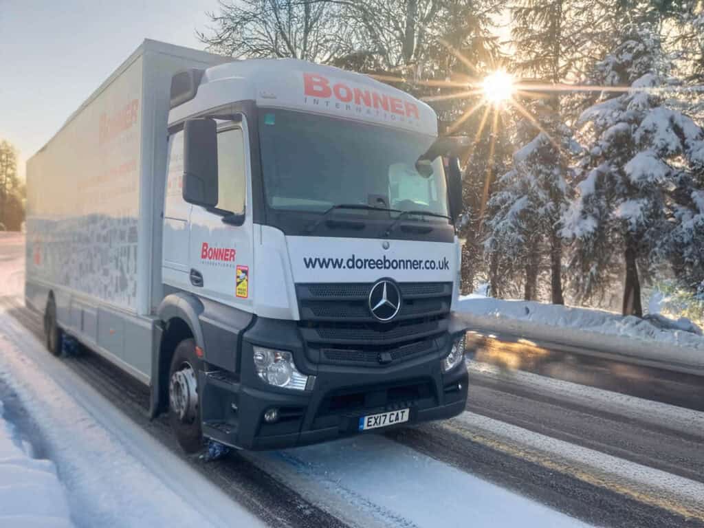 Doree Bonner International truck in a wintery road