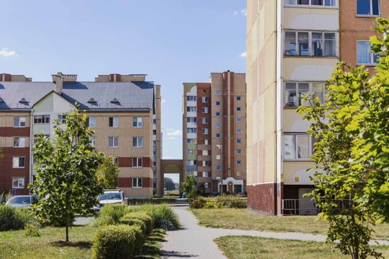 Multi-storey modern residential building. Housing construction. Residential fund. Sleeping residential area. Mortgage loans for young families